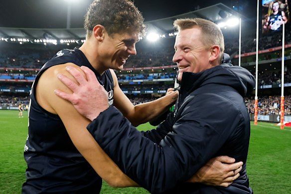 Carlton coach Michael Voss and key forward Charlie Curnow when the Blues knocked off the Swans in the 2023 finals.