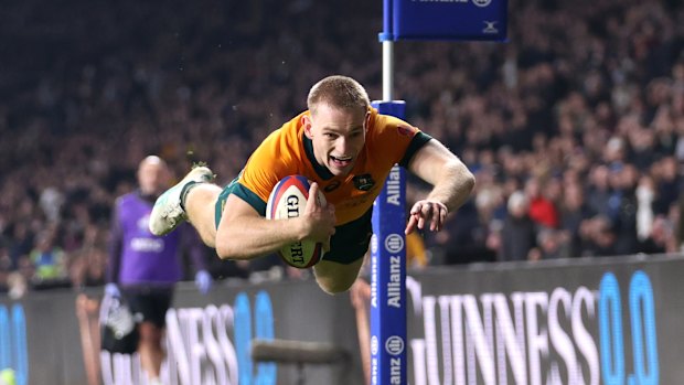 Max Jorgensen of Australia celebrates as he scores the Wallabies match winning try last year in London