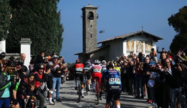 BERGAMO, ITALY - OCTOBER 11: A general view of Thibault Guernalec of France and Team Arkea - B&amp;amp;B Hotels, Mattia Bais of Italy and Team Team Polti VisitMalta, Gal Glivar of Slovenia and Team Alpecin - Deceuninck and Louis Vervaeke of Belgium and Team Soudal Quick-Step compete in the breakaway while fans cheers during the 119th Il Lombardia 2025 a 241km one day race from Como to Bergamo on October 11, 2025 in Bergamo, Italy. (Photo by Dario Belingheri/Getty Images)