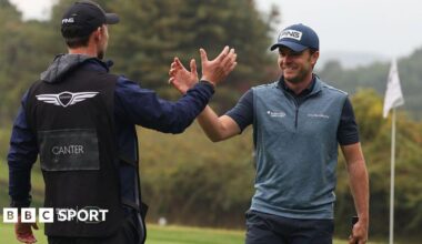 Laurie Canter celebrates holing a putt at the Genesis Championship in South Korea