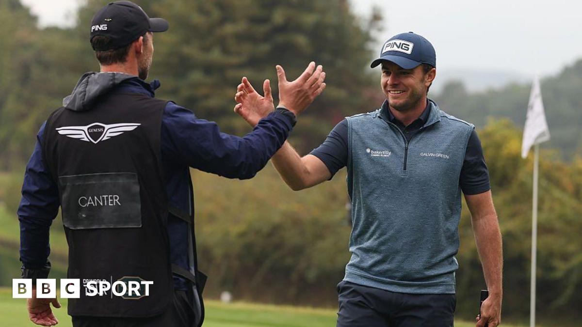 Laurie Canter celebrates holing a putt at the Genesis Championship in South Korea