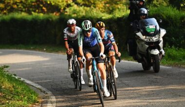 BERGAMO, ITALY - OCTOBER 11: (L-R) Paul Seixas of France and Team Decathlon AG2R La Mondiale and Remco Evenepoel of Belgium and Team Soudal Quick-Step compete in the chase group during the 119th Il Lombardia 2025 a 241km one day race from Como to Bergamo on October 11, 2025 in Bergamo, Italy. (Photo by Dario Belingheri/Getty Images)