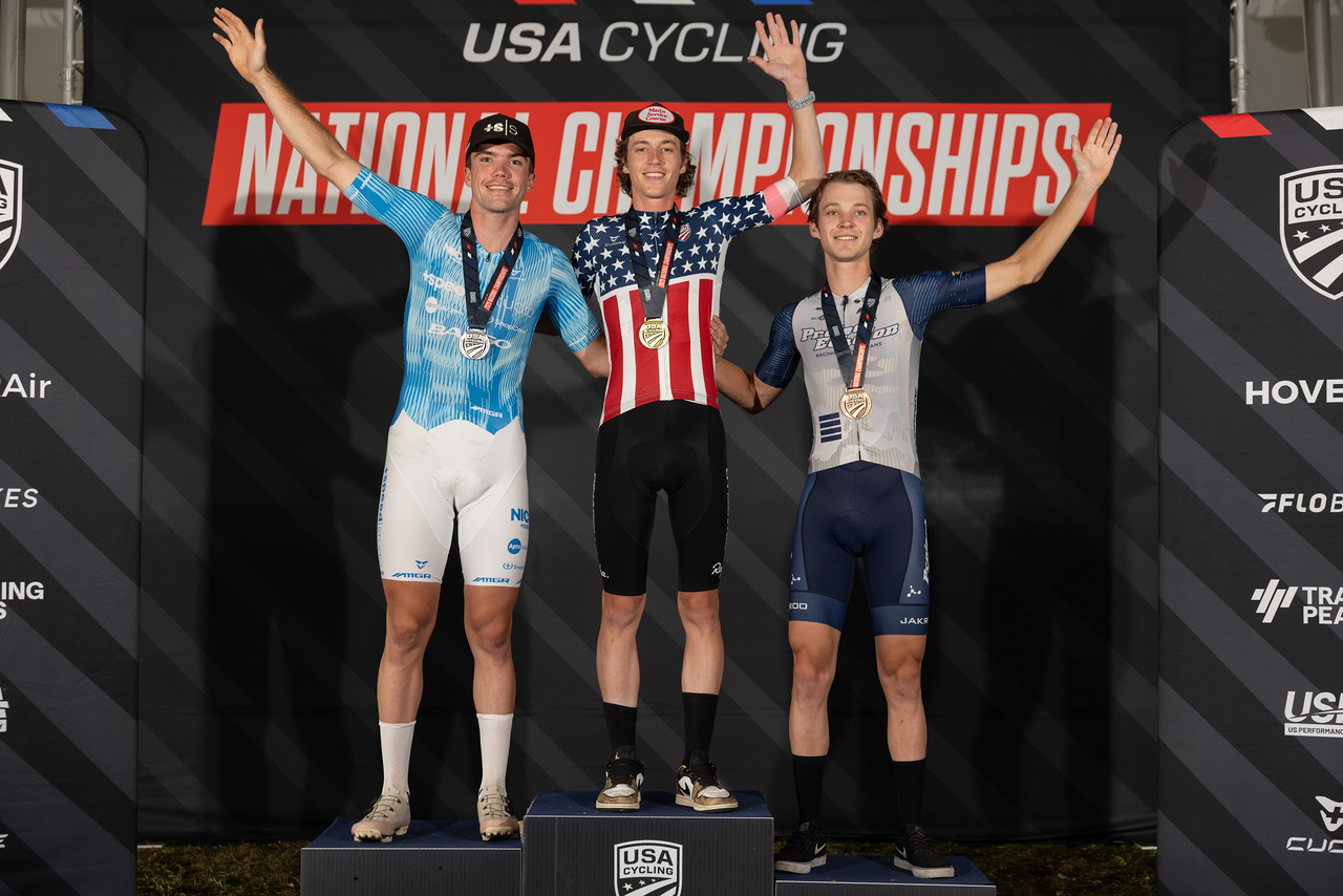 US Gravel Nationals 2025 elite men's podium (L to R): Michael Garrison second, winner Bradyn Lange and Cole Davis third