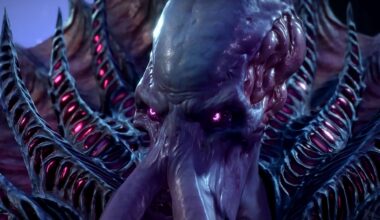 Baldur's Gate 3 mind flayer with pale purple skin and facial tentacles stares ahead with glowing yellow eyes