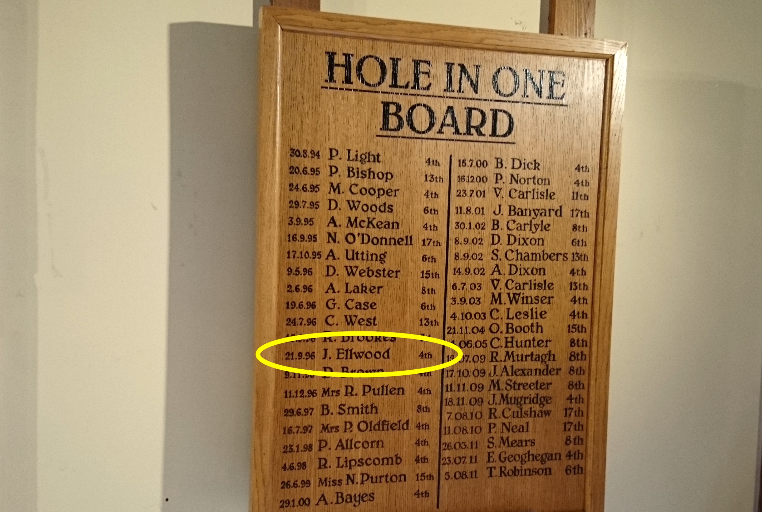 Jeremy Ellwood hole in one board