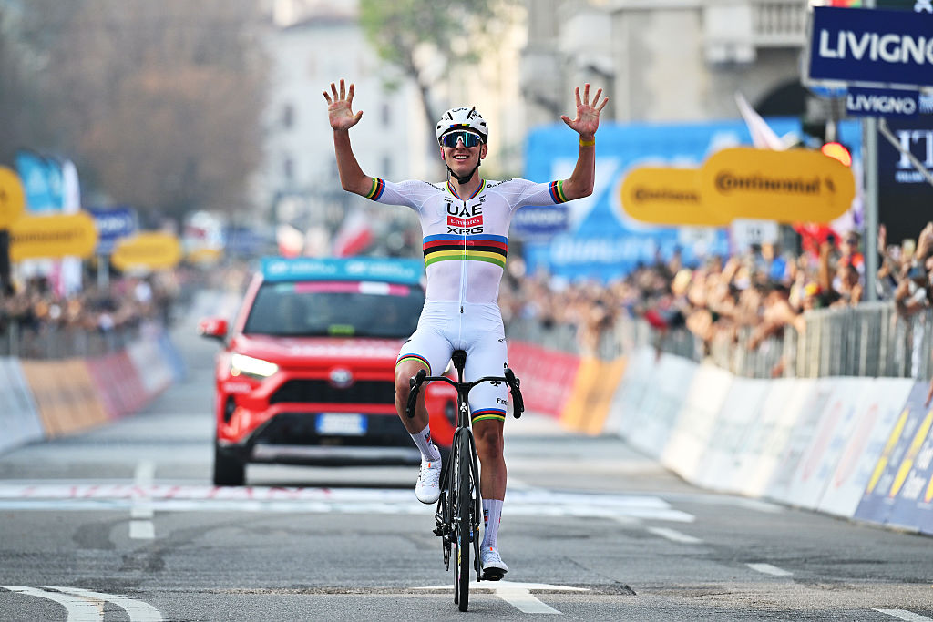 BERGAMO, ITALY - OCTOBER 11: Tadej Pogacar of Slovenia and Team UAE Team Emirates celebrates at finish line as race winner during the 119th Il Lombardia 2025 a 241km one day race from Como to Bergamo on October 11, 2025 in Bergamo, Italy. (Photo by Dario Belingheri/Getty Images)