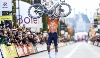 Dutch Mathieu van der Poel of Alpecin-Deceuninck celebrates as he crosses the finish line to win the men elite race at the UCI World Gravel Championships, Sunday 06 October 2024, in Leuven. BELGA PHOTO DAVID PINTENS (Photo by DAVID PINTENS / BELGA MAG / Belga via AFP)