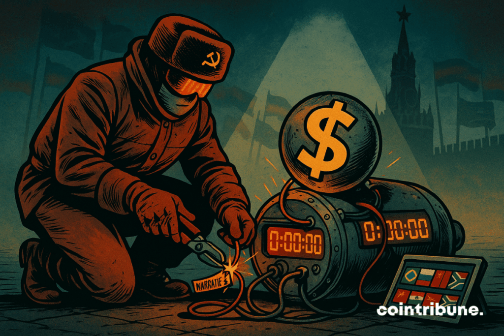 A Kremlin technician is crouching, cutting a red wire with pliers, symbolizing the Kremlin’s formal denial of any attempt to destabilize the dollar.