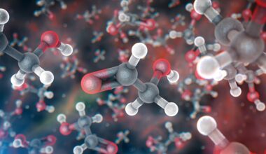 A series of black and white and red molecules floating in a colorful background