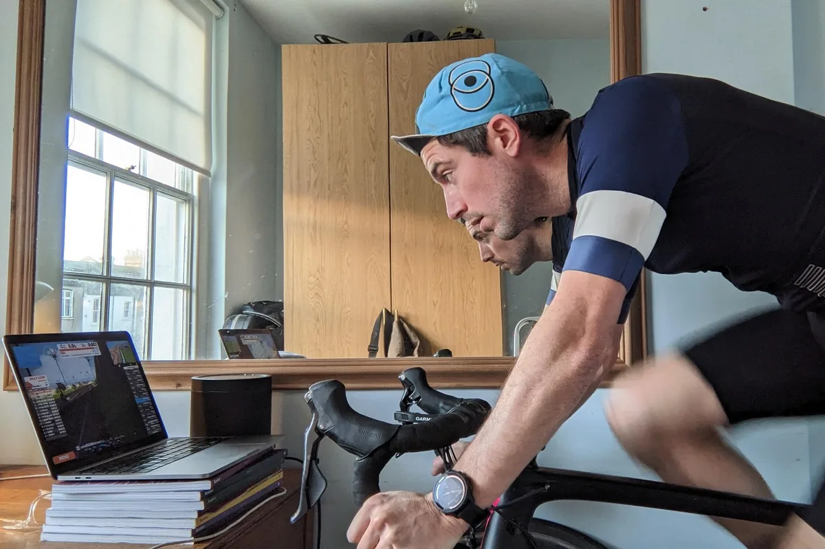 Charlie Allenby riding on a turbo trainer