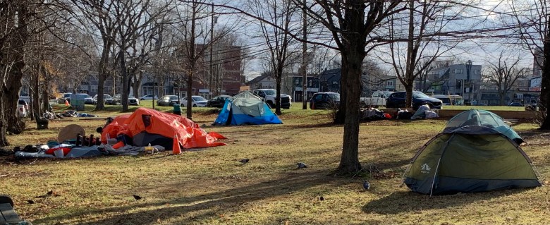 Tents of orange, blue, or khaki green are set up in a city park with trees. Cars are parked along a street in the background.