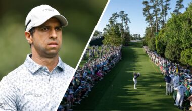 Aaron Rai looks on (left) while Rory McIlroy hits a drive down the 18th at Augusta National (right)