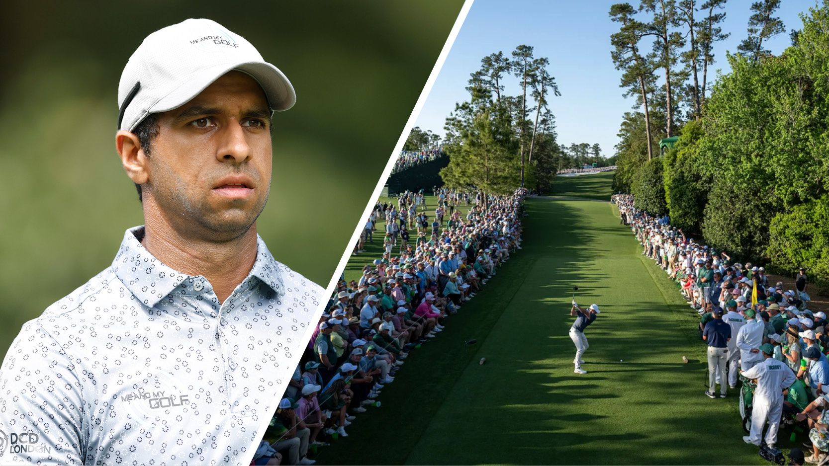 Aaron Rai looks on (left) while Rory McIlroy hits a drive down the 18th at Augusta National (right)