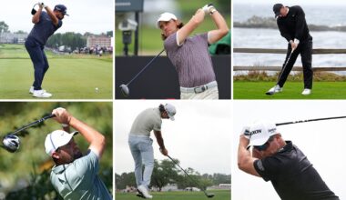 JJ Spaun, Tommy Fleetwood, Rory McIlroy, Scottie Scheffler, Min Woo Lee and Ryan Fox hit drivers off the tee