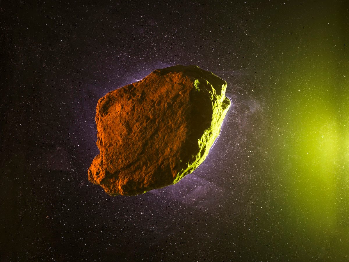 Asteroid rock on green starry background