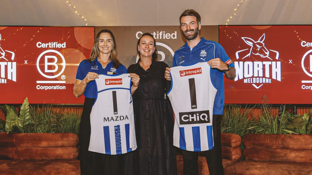 Eilish Sheerin NMFC AFLW midfielder, Yvette Thompson ANZ GM Intrepid Travel, Luke McDonald NMFC AFL Medium Defender at NMFC B Corp announcement at B Labs Assembly.