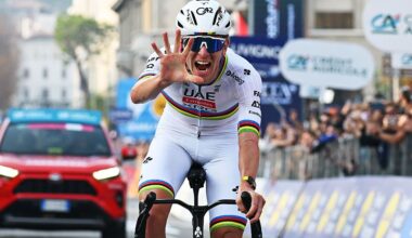 BERGAMO, ITALY - OCTOBER 11: Tadej Pogacar of Slovenia and Team UAE Team Emirates celebrates at finish line as race winner during the 119th Il Lombardia 2025 a 241km one day race from Como to Bergamo on October 11, 2025 in Bergamo, Italy. (Photo by Dario Belingheri/Getty Images)