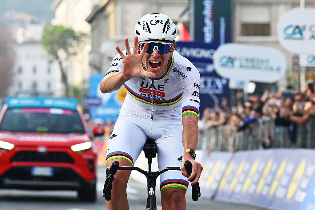 BERGAMO, ITALY - OCTOBER 11: Tadej Pogacar of Slovenia and Team UAE Team Emirates celebrates at finish line as race winner during the 119th Il Lombardia 2025 a 241km one day race from Como to Bergamo on October 11, 2025 in Bergamo, Italy. (Photo by Dario Belingheri/Getty Images)