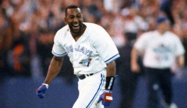 Toronto Blue Jays slugger Joe Carter trots around the bases with jubilation after hitting a World Series winning three-run home run in the bottom of the ninth inning against the Philadelphia Phillies during Game 6 of the World Series on Oct. 23, 1993, at Exhibition Stadium in Toronto.