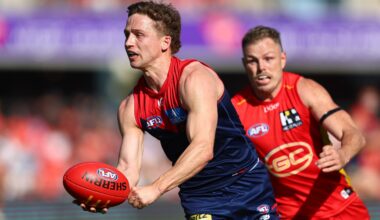 GOLD COAST, AUSTRALIA - AUGUST 17: Jack Billings of the Demons in action during the round 23 AFL match between Gold Coast Suns and Melbourne Demons at People First Stadium, on August 17, 2024, in Gold Coast, Australia. (Photo by Chris Hyde/Getty Images)