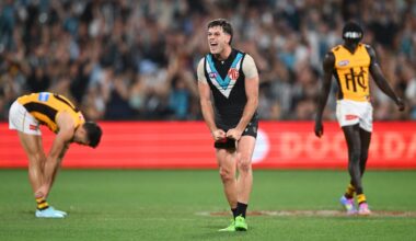 ADELAIDE, AUSTRALIA - APRIL 13: Zak Butters of the Power celebrates at full time during the round five AFL match between Port Adelaide Power and Hawthorn Hawks at Adelaide Oval, on April 13, 2025, in Adelaide, Australia. (Photo by Quinn Rooney/Getty Images)