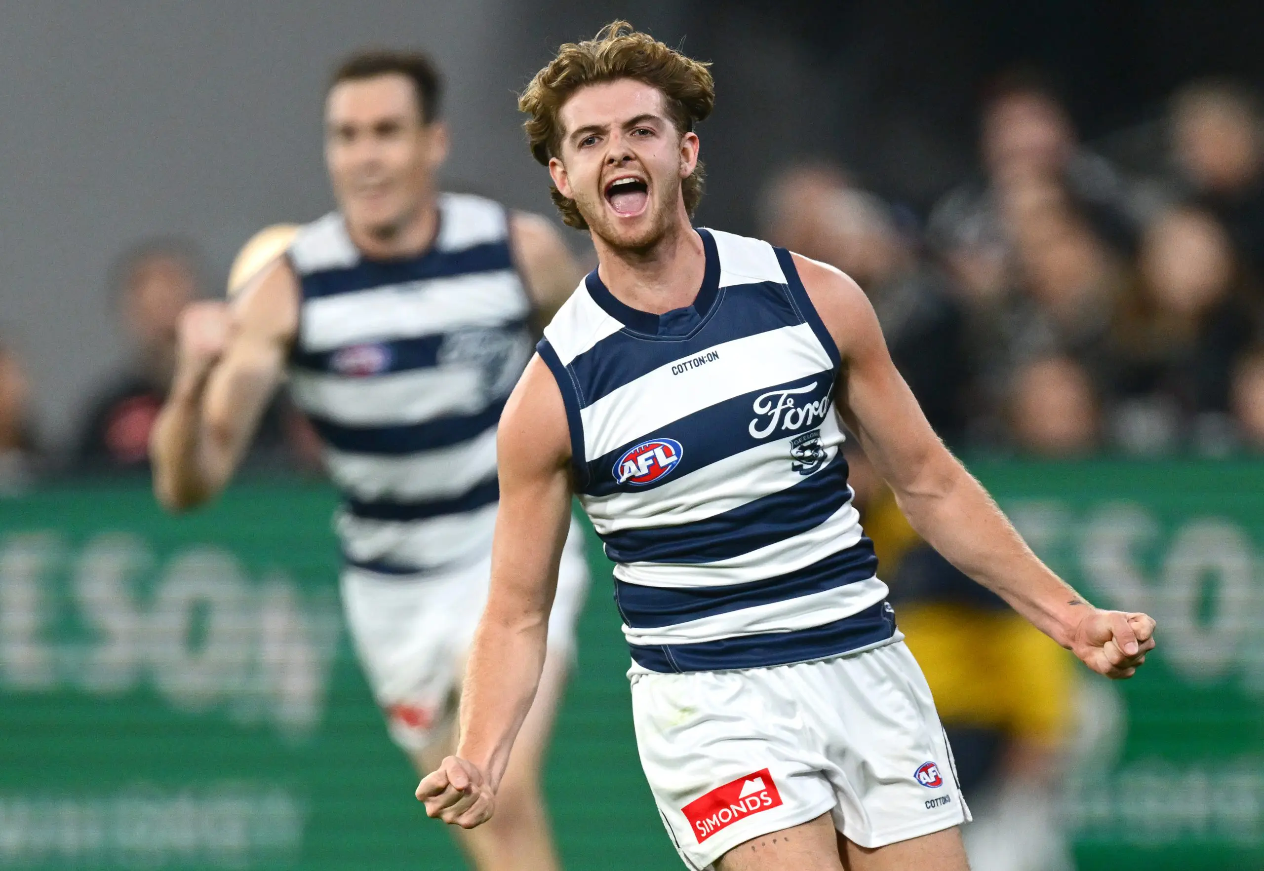 MELBOURNE, AUSTRALIA - MAY 03: Oliver Wiltshire of the Cats celebrates kicking a goal during the round eight AFL match between Collingwood Magpies and Geelong Cats at Melbourne Cricket Ground, on May 03, 2025, in Melbourne, Australia. (Photo by Quinn Rooney/Getty Images)