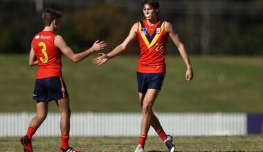 SYDNEY, AUSTRALIA - JUNE 01: Mitchell Marsh (R) of South Australia celebrates kicking a goal with saduring the Marsh AFL National Championships U18 Boys match between Allies and South Australia at Blacktown International Sportspark on June 01, 2025 in Sydney, Australia. (Photo by Jason McCawley/AFL Photos/via Getty Images)