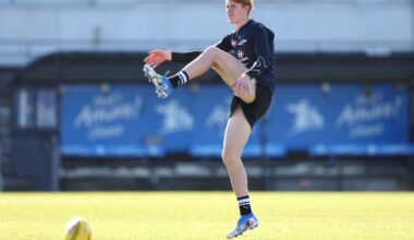 MELBOURNE, AUSTRALIA - JULY 09: Harry Dean of the Blues Academy trains during a Carlton Blues AFL training session at Ikon Park on July 09, 2025 in Melbourne, Australia. (Photo by Morgan Hancock/Getty Images)