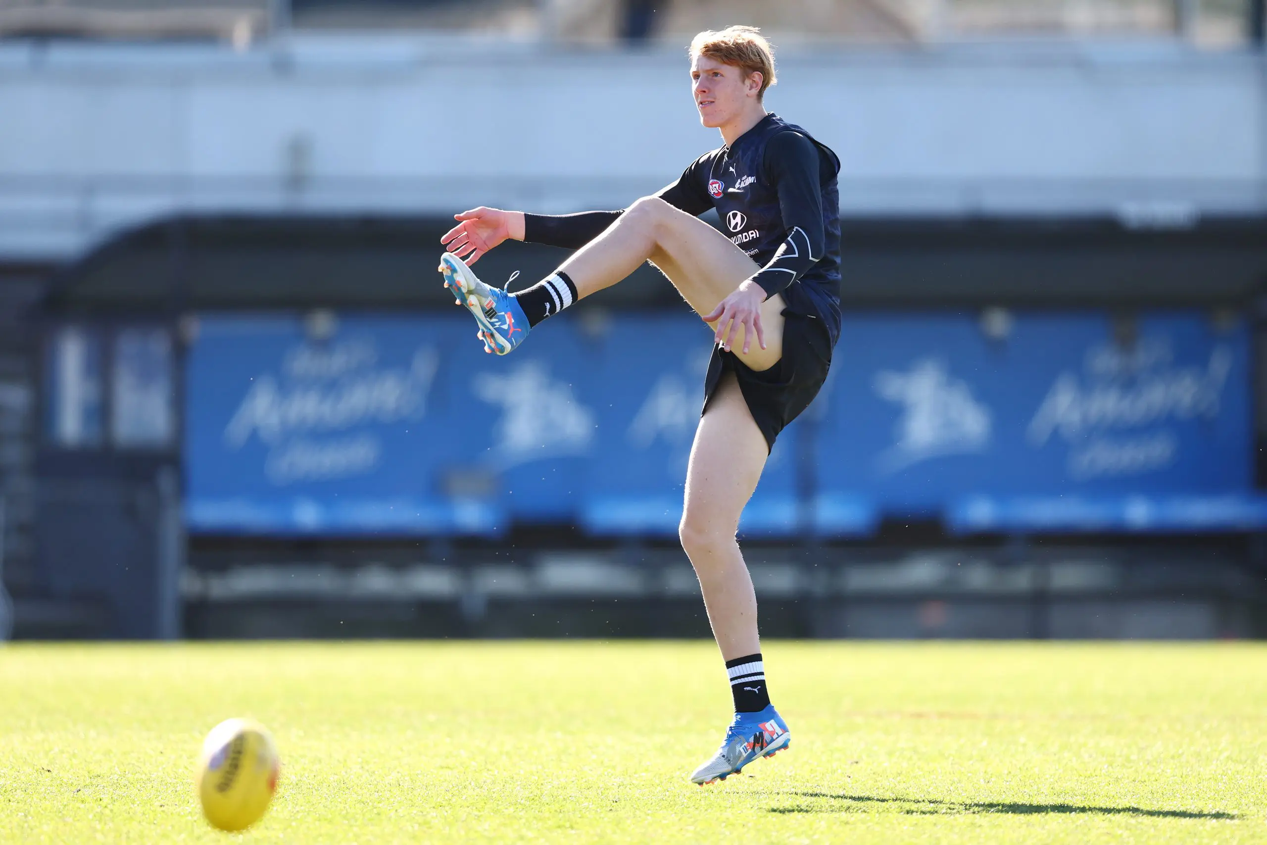 MELBOURNE, AUSTRALIA - JULY 09: Harry Dean of the Blues Academy trains during a Carlton Blues AFL training session at Ikon Park on July 09, 2025 in Melbourne, Australia. (Photo by Morgan Hancock/Getty Images)