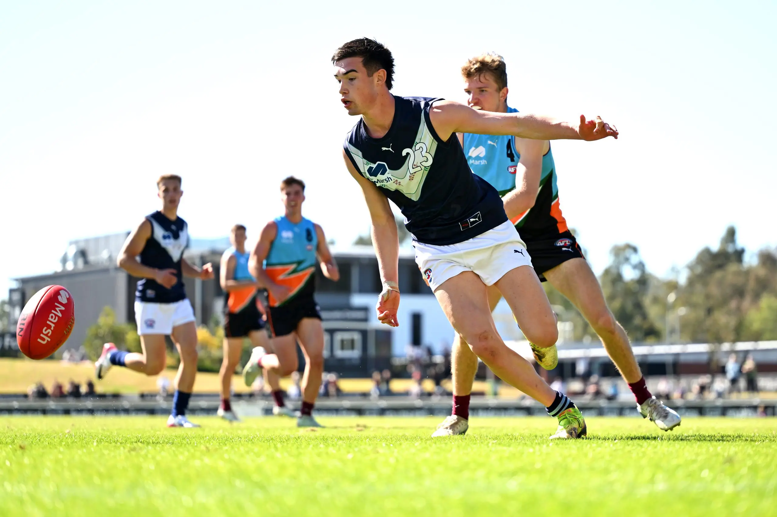 IPSWICH, AUSTRALIA - JULY 13: Xavier Taylor of Victoria Metro competes during the Marsh AFL National Championships U18 Boys match between Allies and Victoria Metro at Brighton Homes Arena, on July 13, 2025, in Ipswich, Australia. (Photo by Albert Perez/AFL Photos via Getty Images)