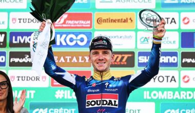 BERGAMO, ITALY - OCTOBER 11: Remco Evenepoel of Belgium and Team Soudal Quick-Step celebrates at podium as second place winner during the 119th Il Lombardia 2025 a 241km one day race from Como to Bergamo on October 11, 2025 in Bergamo, Italy. (Photo by Dario Belingheri/Getty Images)