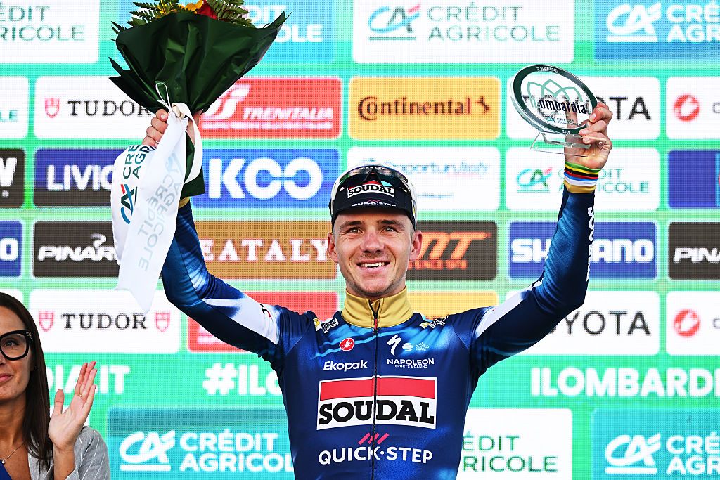 BERGAMO, ITALY - OCTOBER 11: Remco Evenepoel of Belgium and Team Soudal Quick-Step celebrates at podium as second place winner during the 119th Il Lombardia 2025 a 241km one day race from Como to Bergamo on October 11, 2025 in Bergamo, Italy. (Photo by Dario Belingheri/Getty Images)