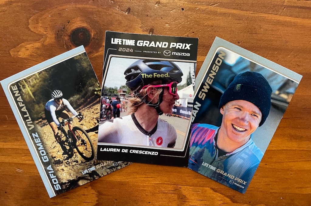 Examples of Life Time Grand Prix trading cards for riders, designs from 2022 and 2024