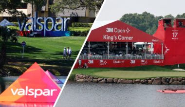 (left) Valspar Championship general view and (right) 3M Open 17th green general view