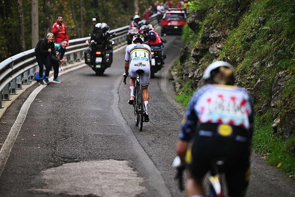 BERGAMO, ITALY - OCTOBER 11: Tadej Pogacar of Slovenia and Team UAE Team Emirates attacks in the breakaway ahead of Quinn Simmons of United States and Team Lidl - Trek during the 119th Il Lombardia 2025 a 241km one day race from Como to Bergamo on October 11, 2025 in Bergamo, Italy. (Photo by Dario Belingheri/Getty Images)