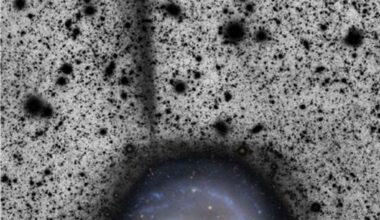 The Vera Rubin Observatory found a stellar stream coming from the M61 galaxy, a spiral galaxy in the Virgo Cluster. It extends for about 50 kpc, or 163,000 light years. The face-on image of M61 comes from the PHANGS (Physics at High Angular resolution in Nearby GalaxieS) survey. Image Credit: Romanowsky et al. 2025, RNAAS.