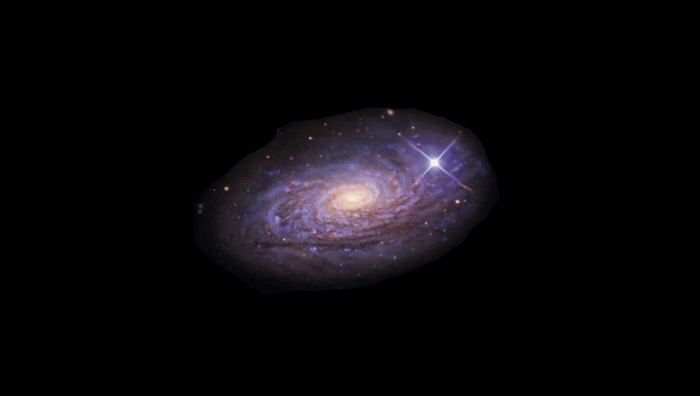 A spiral galaxy with a bright central core and several arms, featuring a prominent starburst effect to the right, illuminating the sky brighter than astronomers imagined.