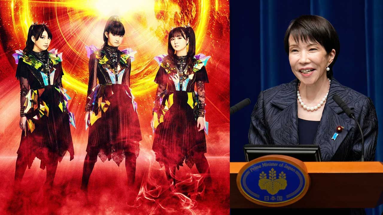 Left: Babymetal, Right: Sanae Takaichi speaking at a podium