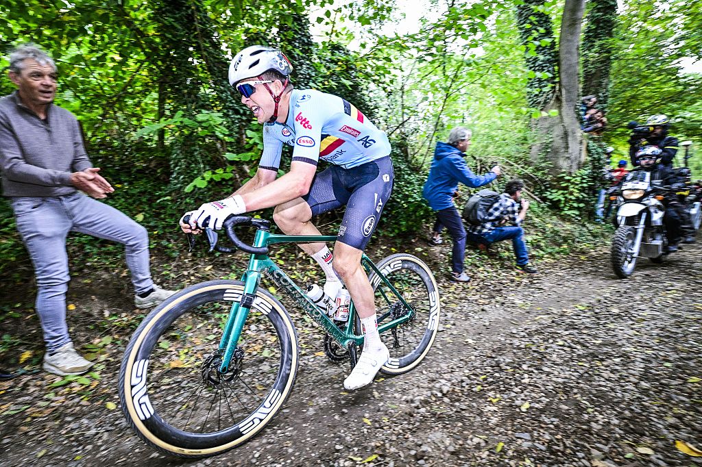 Belgian Florian Vermeersch pictured in action during the men elite race at the UCI World Gravel Championships, Sunday 12 October 2025, in Maastricht, The Netherlands. BELGA PHOTO DIRK WAEM (Photo by DIRK WAEM / BELGA MAG / Belga via AFP)