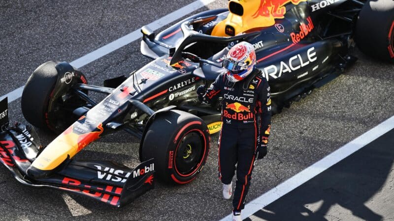 Max Verstappen pumps fist after securing pole for the 2025 US Grand Prix sprint race