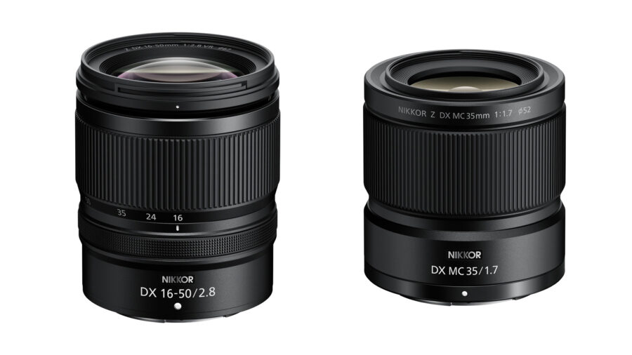 Nikon Z DX 16–50mm f/2.8 VR and Nikon Z DX 35mm f/1.7 lenses next to each other