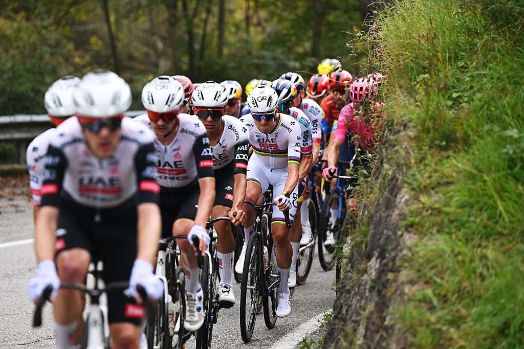 BERGAMO, ITALY - OCTOBER 11: Tadej Pogacar of Slovenia and Team UAE Team Emirates competes during the 119th Il Lombardia 2025 a 241km one day race from Como to Bergamo on October 11, 2025 in Bergamo, Italy. (Photo by Dario Belingheri/Getty Images)