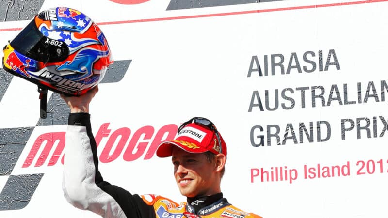 Casey Stoner celebrates his win at the Moto Grand Prix 2012 at Philip Island