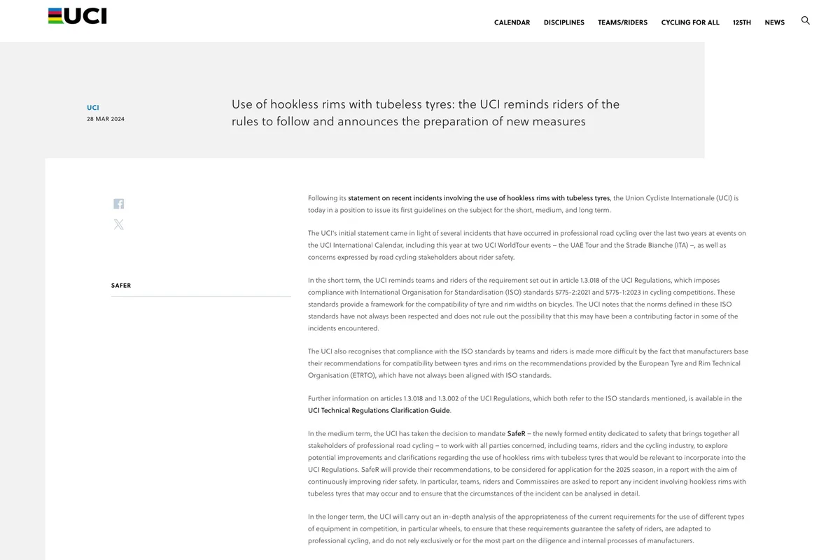 UCI statement on hookless rims