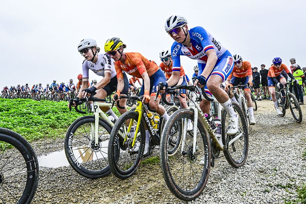 Dutch Marianne Vos pictured in action during the women elite race at the UCI World Gravel Championships, Saturday 11 October 2025, in Maastricht, The Netherlands. BELGA PHOTO DIRK WAEM (Photo by DIRK WAEM / BELGA MAG / Belga via AFP) (Photo by DIRK WAEM/BELGA MAG/AFP via Getty Images)