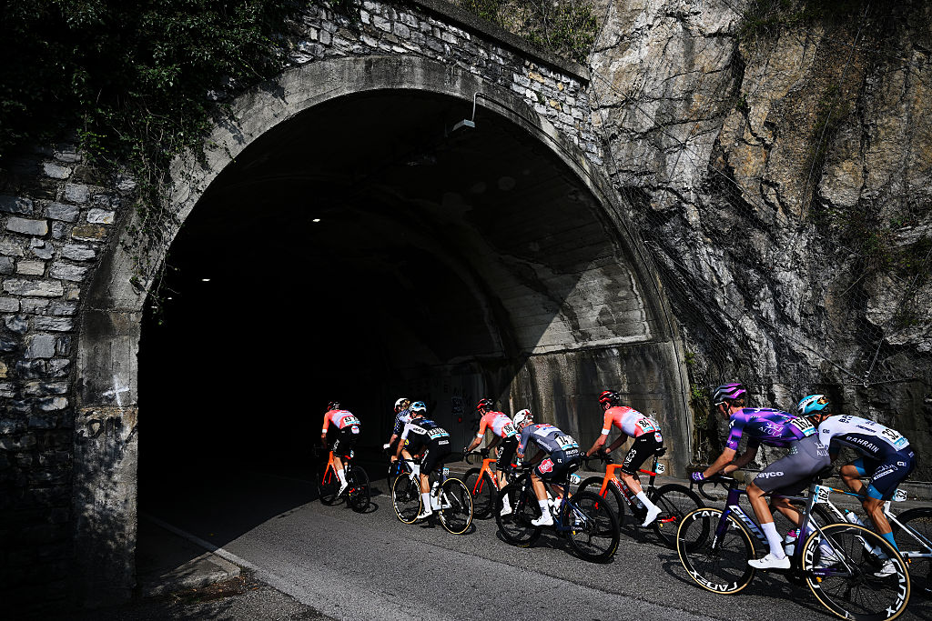 BERGAMO, ITALY - OCTOBER 11: A general view of Gal Glivar of Slovenia and Team Alpecin - Deceuninck, Thibault Guernalec of France and Team Arkea - B&amp;B Hotels, Pello Bilbao of Spain and Team Bahrain - Victorious, Filippo Ganna of Italy, Lucas Hamilton of Australia, Victor Langellotti of Monaco and Team INEOS Grenadiers, Quinn Simmons of United States and Team Lidl - Trek, Walter Calzoni of Italy and Team Q36.5 Pro Cycling Team, Louis Vervaeke of Belgium and Team Soudal Quick-Step, Asbjorn Hellemose of Denmark, Michael Matthews of Australia and Team Team Jayco AlUla, Bjorn Koerdt of Great Britain and Team Picnic PostNL, Mattia Bais of Italy and Team Polti VisitMalta and Bart Lemmen of Netherlands and Team Visma | Lease a Bike compete in the breakaway during the 119th Il Lombardia 2025 a 241km one day race from Como to Bergamo on October 11, 2025 in Bergamo, Italy. (Photo by Dario Belingheri/Getty Images)