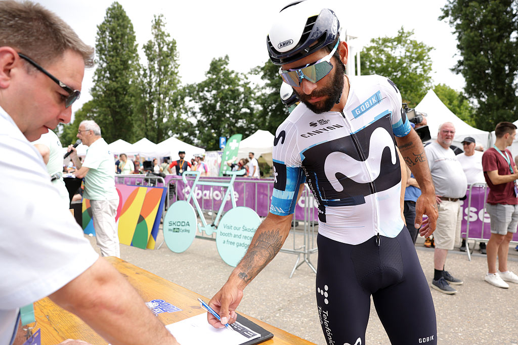 BRUSSELS, BELGIUM - JUNE 22: Fernando Gaviria of Colombia and Team Movistar prior to the 94th Baloise Belgium Tour 2025, Stage 5 a 183.4km stage from Brussels to Brussels on June 22, 2025 in Brussels, Belgium. (Photo by Rhode Van Elsen/Getty Images)