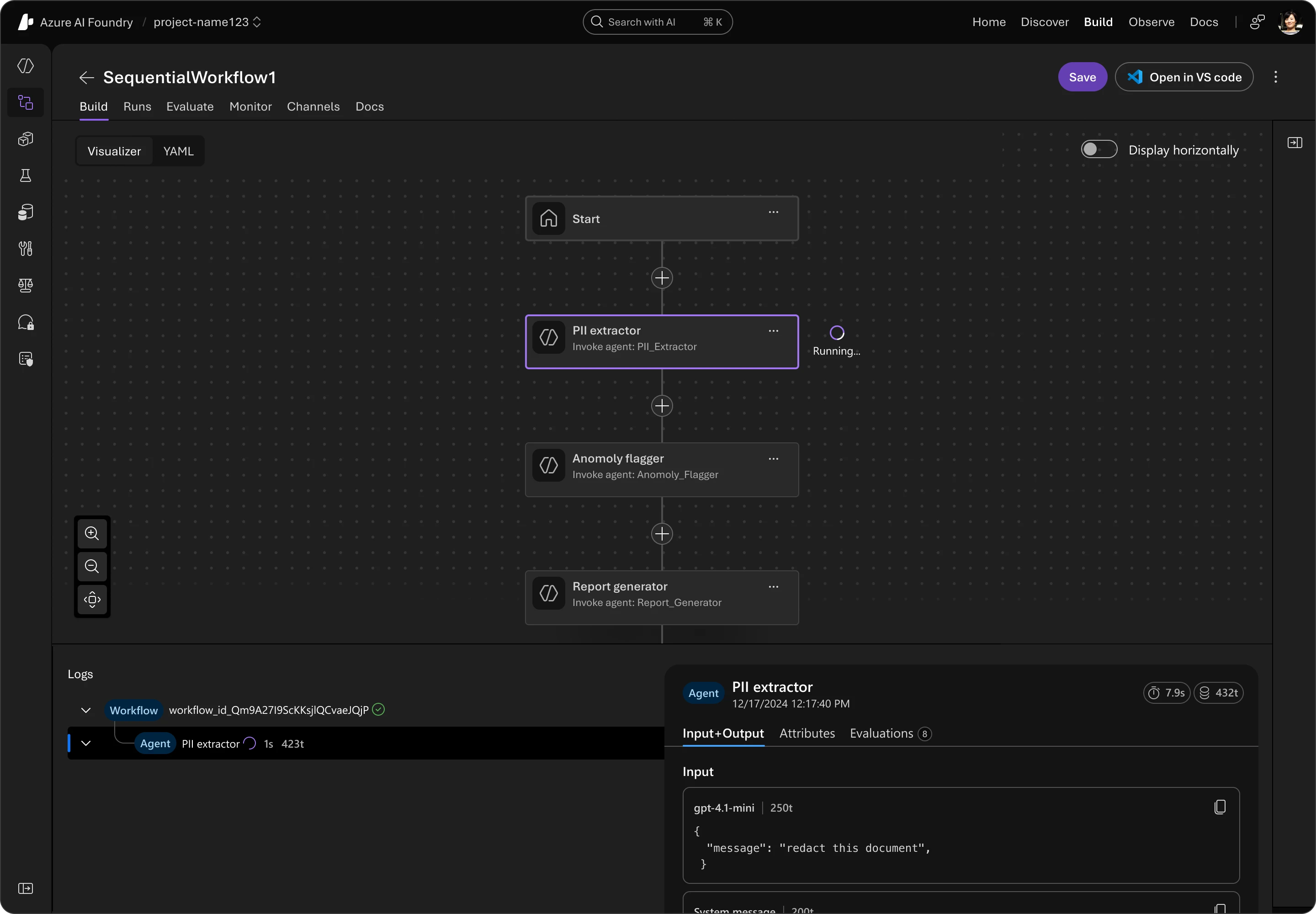 Azure A I Foundry interface showing a sequential workflow.