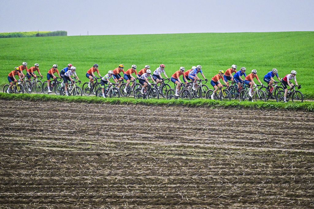a pack of riders pictured in action during the women elite race at the UCI World Gravel Championships, Saturday 11 October 2025, in Maastricht, The Netherlands. BELGA PHOTO DIRK WAEM (Photo by DIRK WAEM / BELGA MAG / Belga via AFP) (Photo by DIRK WAEM/BELGA MAG/AFP via Getty Images)