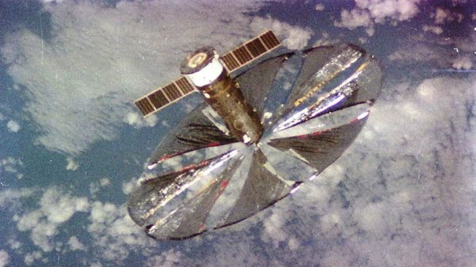 A photo of one of Russia's Znamya reflectors in orbit around Earth in 1993.